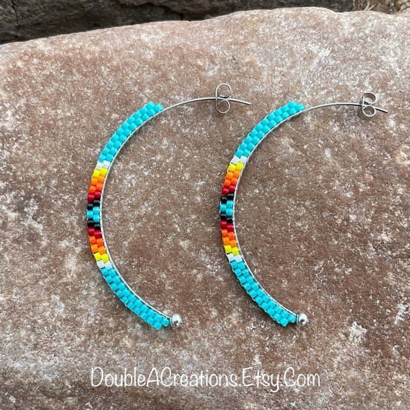 DoubleACreations Jewelry - Turquoise & Native Beaded Half Hoops